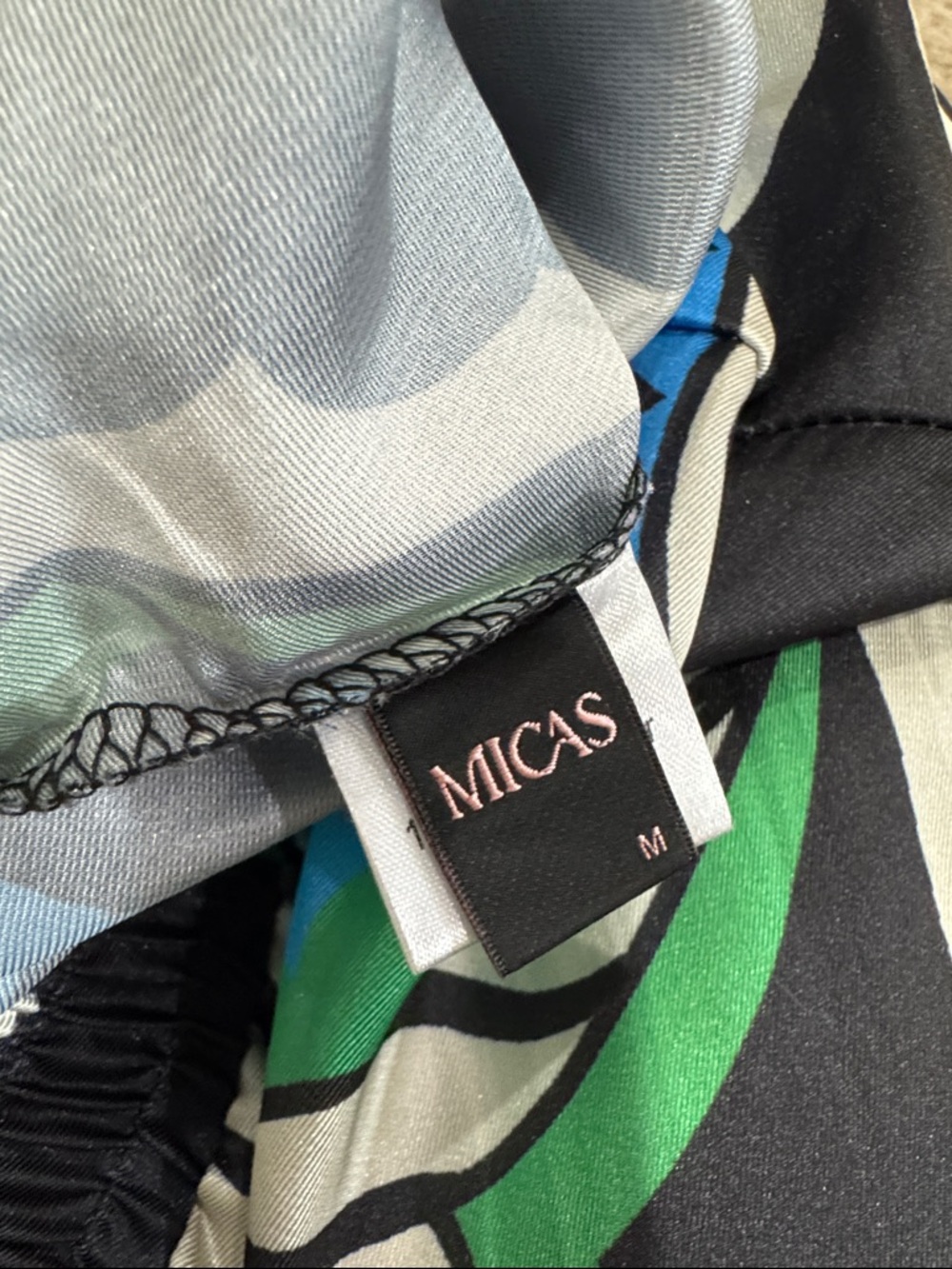MICAS Bold Graphic Wide-Leg Silk Pants in Black, Green & Blue - Picture 7 of 7